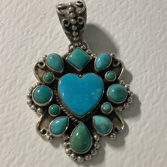 Pendant, Heart, Small Kingman Turquoise Heart Cab w/ 12 mixed shape TQ accents, DD - Turquoise Mustang