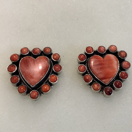 Red Spiny Oyster Heart Cluster Studs - Turquoise Mustang