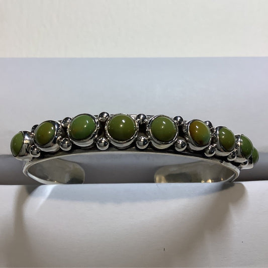 Green Turquoise 9 Round Stone Bracelet, Cuff - Turquoise Mustang