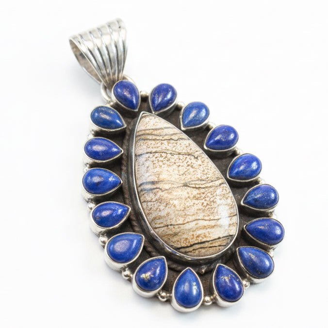 Lapis & Picture Jasper Medium - sized Pear - shaped Statement Pendant, Dan Dodson - Turquoise Mustang