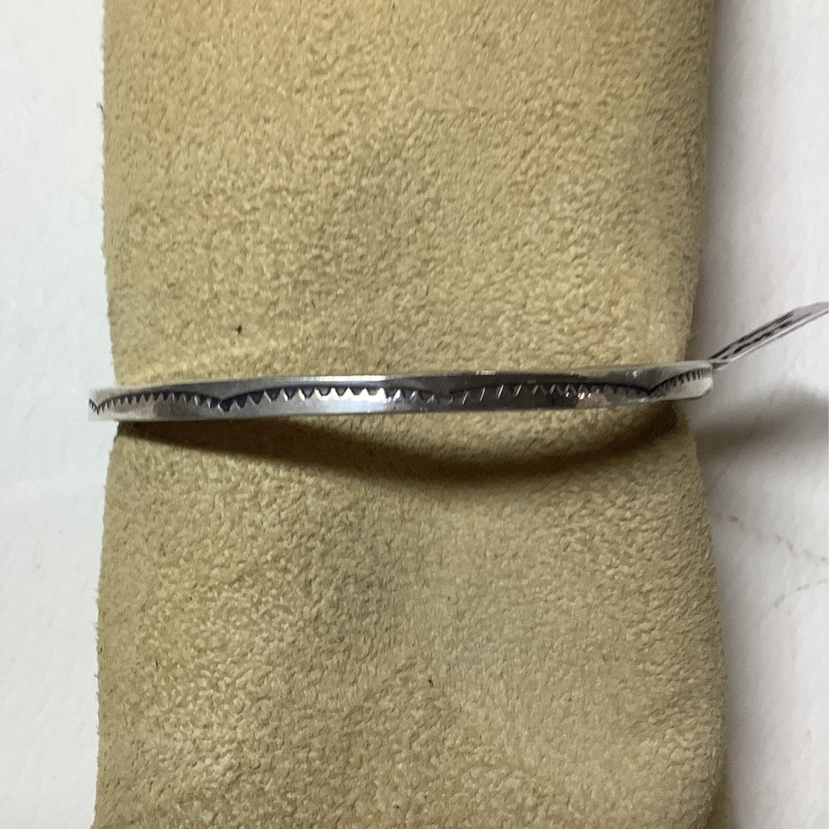 Bangle, size small, stamped, square wire, clouds/eyelash, Elaine Tahe (1) - Turquoise Mustang