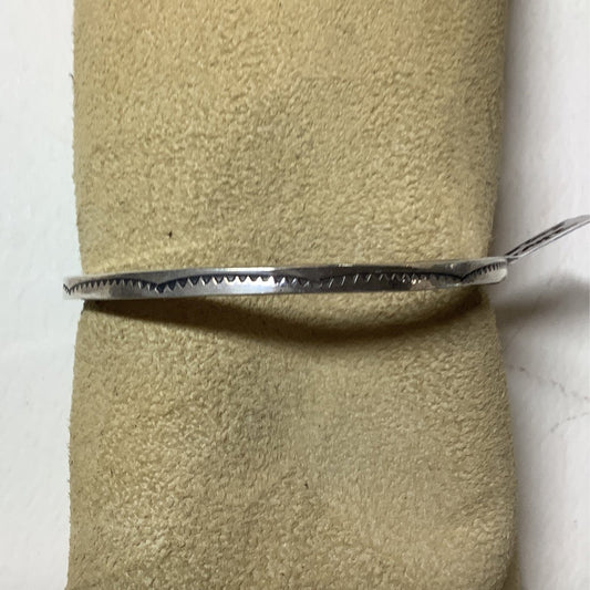 Bangle, size small, stamped, square wire, clouds/eyelash, Elaine Tahe (1) - Turquoise Mustang