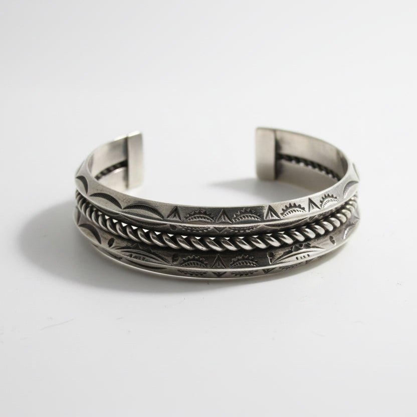Sterling Silver Rope & Stampwork Cuff, J. Tahe - Turquoise Mustang