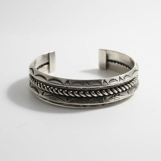 Sterling Silver Rope & Stampwork Cuff, J. Tahe - Turquoise Mustang