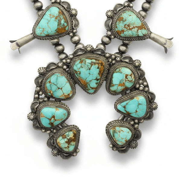 Natural Royston Turquoise Squash Blossom Necklace — T. Francisco (Navajo) - Turquoise Mustang