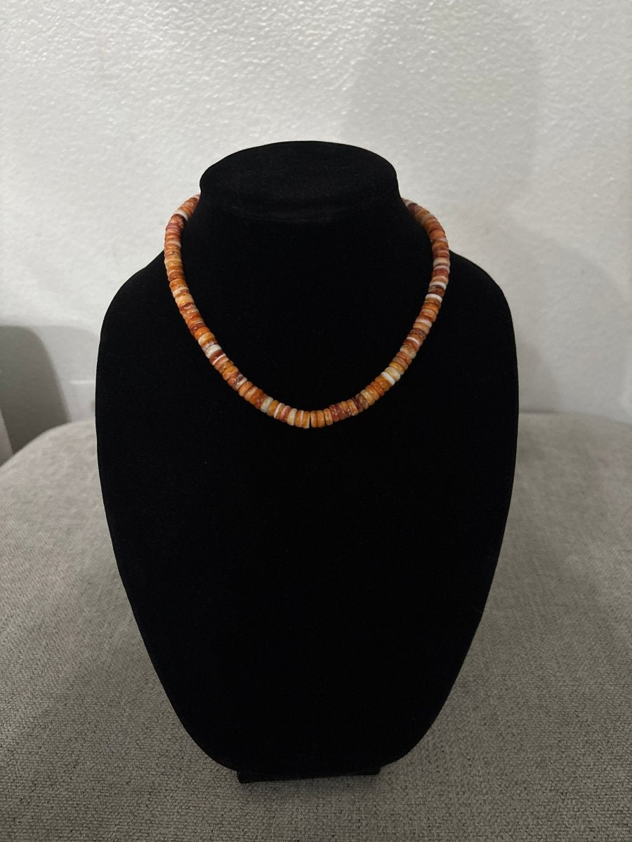 16” Orange Spiny Oyster Rondelle Necklace with Silver Pearl Ends - Turquoise Mustang