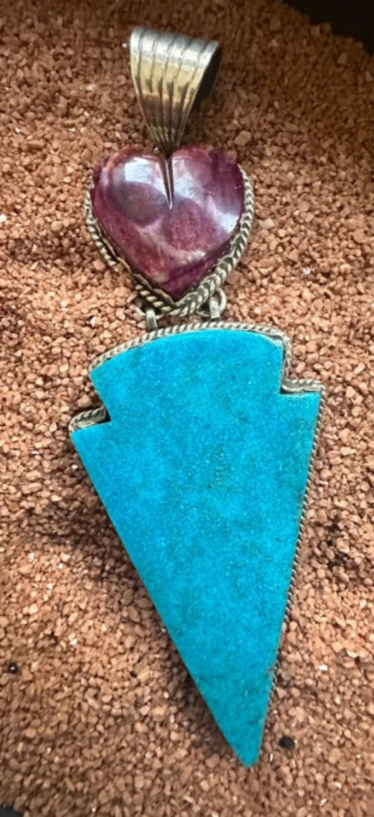 Purple Spiny Oyster Heart & Carved Turquoise Arrowhead Double Stone Statement Pendant, by Dan Dodson - Turquoise Mustang