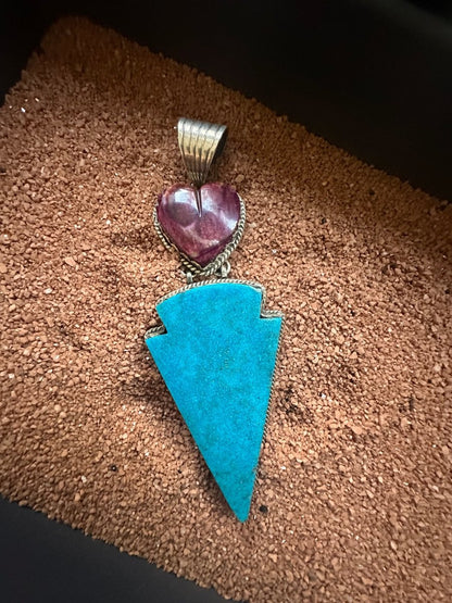Purple Spiny Oyster Heart & Carved Turquoise Arrowhead Double Stone Statement Pendant, by Dan Dodson - Turquoise Mustang