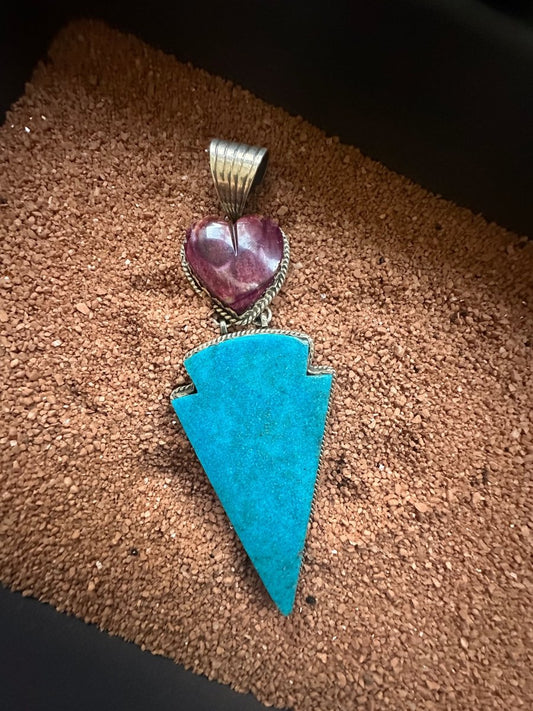 Purple Spiny Oyster Heart & Carved Turquoise Arrowhead Double Stone Statement Pendant, by Dan Dodson - Turquoise Mustang