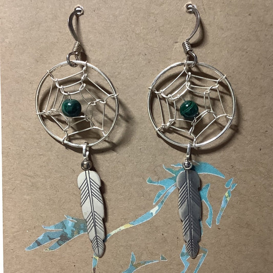 Earring, Dreamcatcher w/ malachite bead & feather, unknown (1) - Turquoise Mustang