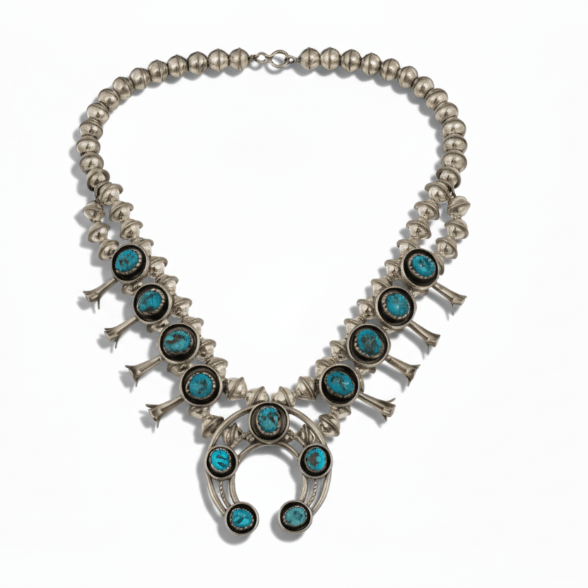Petite Turquoise Squash Blossom Necklace Set by Lenora Grace - Turquoise Mustang