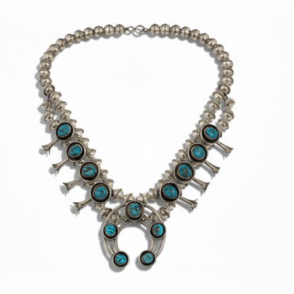 Petite Turquoise Squash Blossom Necklace Set by Lenora Grace - Turquoise Mustang
