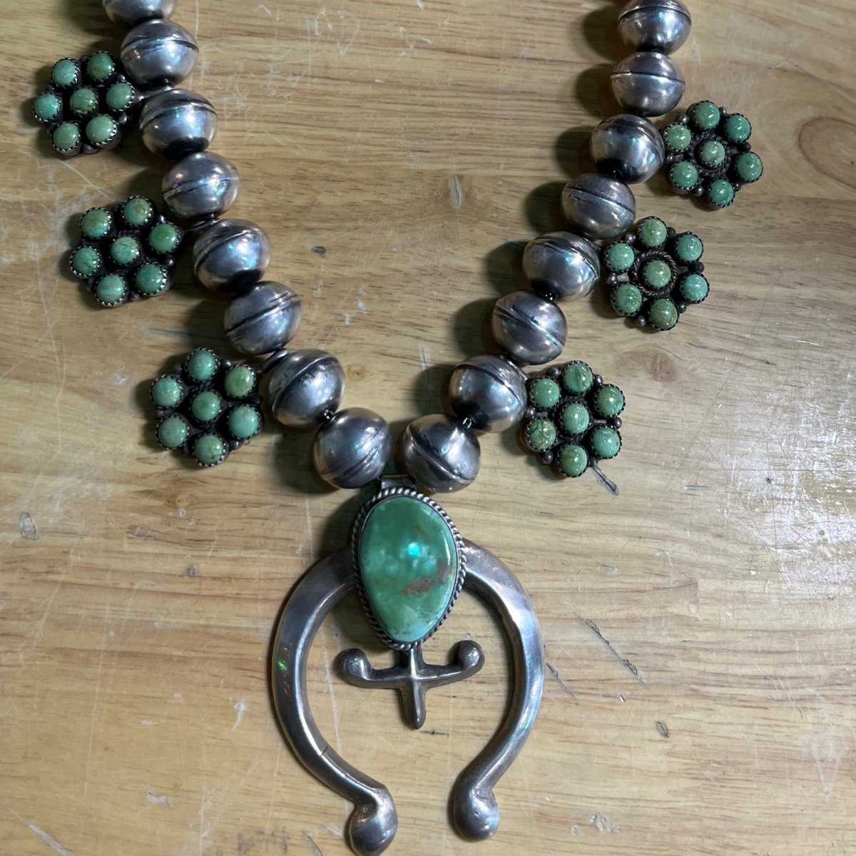 Necklace, antique Navajo pearl Squash blossom with cluster stations, unknown. - Turquoise Mustang