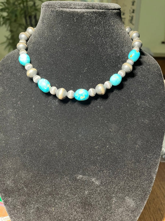 18 Hi - Blue Kingman Nuggets with Silver Rondelles, Saucers and a Navajo Clasp - Turquoise Mustang