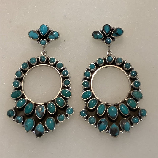 Earrings, Turquoise, circle drop w/ 27 Rounds, Ovals & Pears, DD (1) - Turquoise Mustang