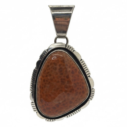 Large Freeform Agatized Orange Coral Pendant with Filework Bezel, Charley Willie - Turquoise Mustang