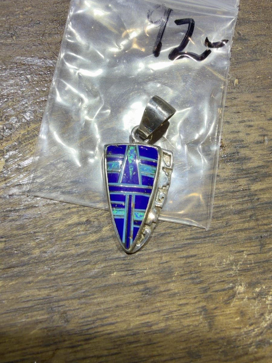 Vintage Zuni-Style Cobalt Blue Inlay Sterling Silver Tapered Shield Pendant - Turquoise Mustang