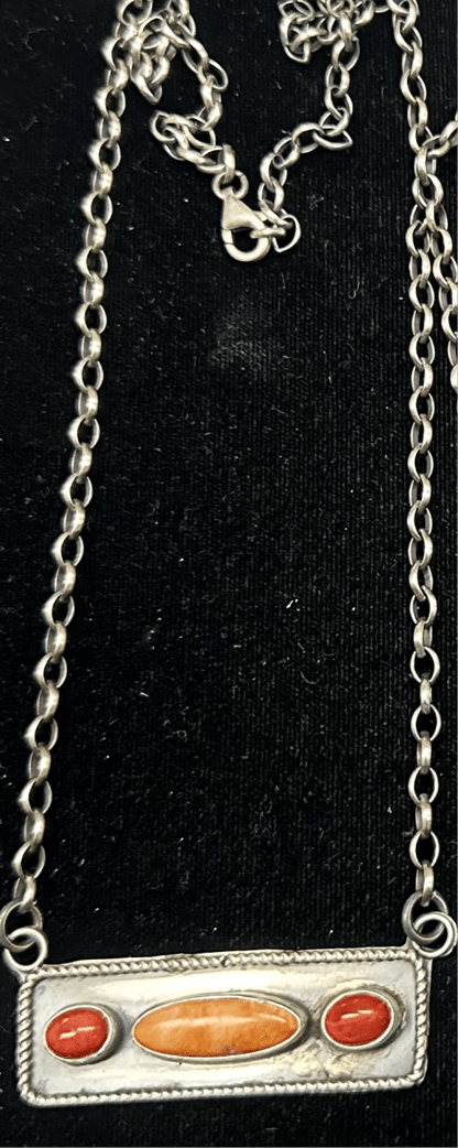 Three-Stone Bar Necklace with Spiny Oyster or Kingman Turquoise by Soccoro, Navajo - Turquoise Mustang