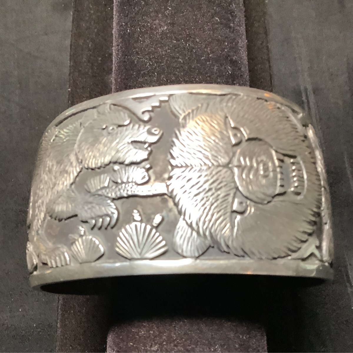 Bracelet, all silver, Bear Overlay, Freddy Charley - Turquoise Mustang