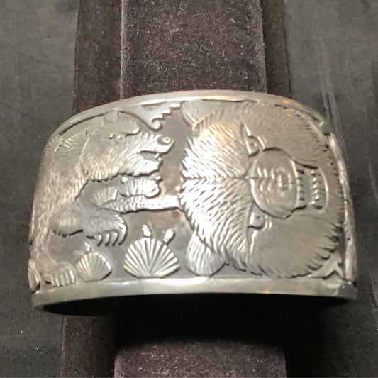 Bracelet, all silver, Bear Overlay, Freddy Charley - Turquoise Mustang