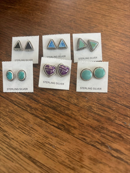 Stud Earring, triangular,heart, round, oval in turquoise, onyx, sugilite, and Larimar, with rope & plain bezels - Turquoise Mustang