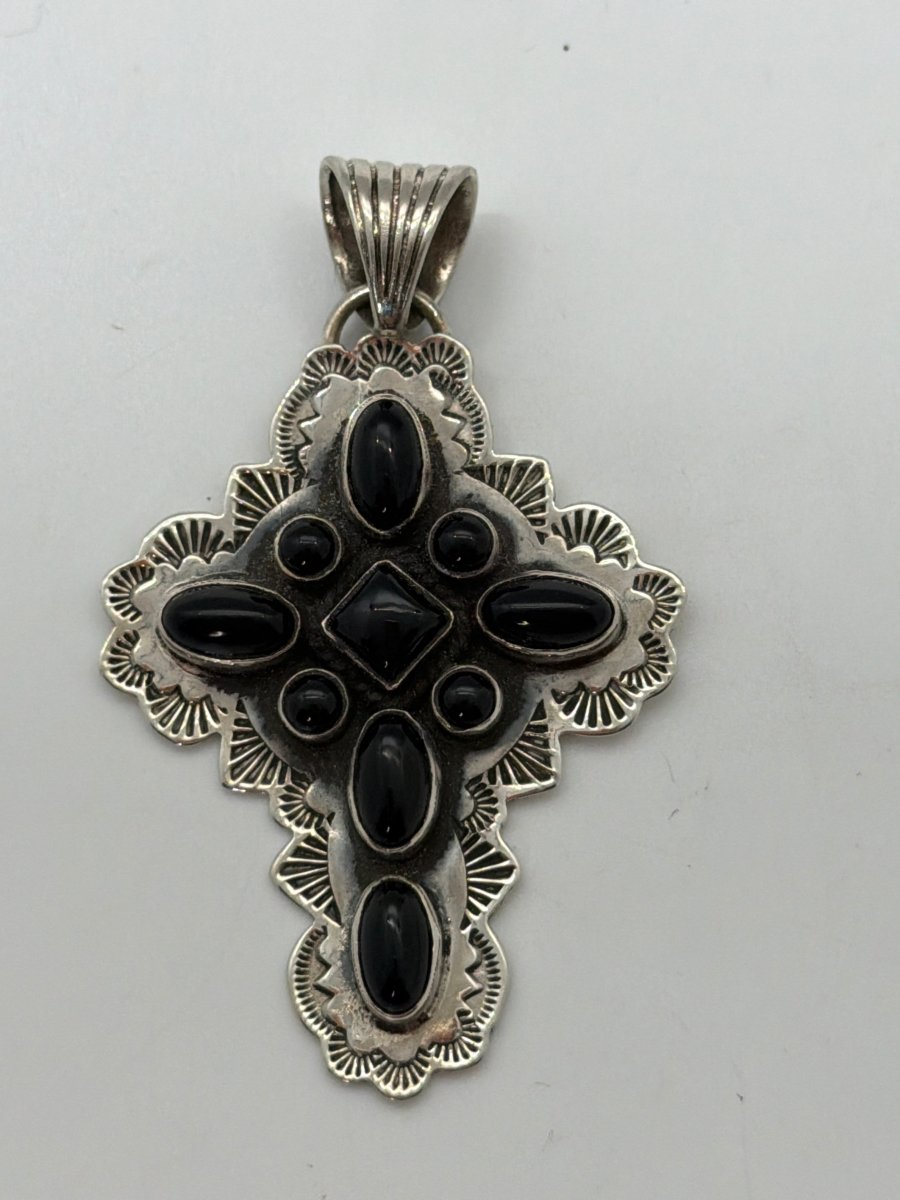 Black Onyx Cluster Cross Pendant on Sterling Silver Stamped Shield with Square Center & Mixed Cabs, Dan Dodson - Turquoise Mustang