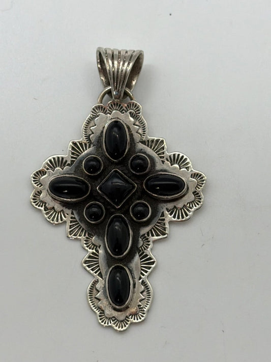 Black Onyx Cluster Cross Pendant on Sterling Silver Stamped Shield with Square Center & Mixed Cabs, Dan Dodson - Turquoise Mustang