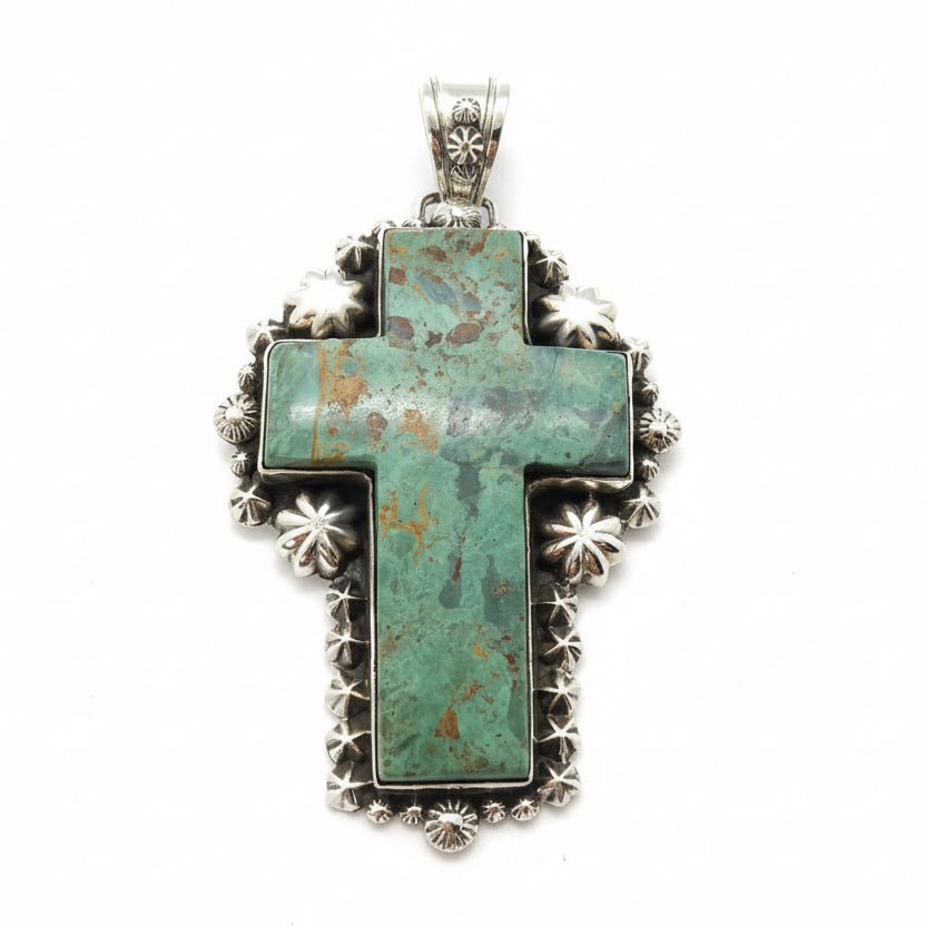 The Passion Flower Cross Pendant in Sage Green Kingman - Turquoise Mustang