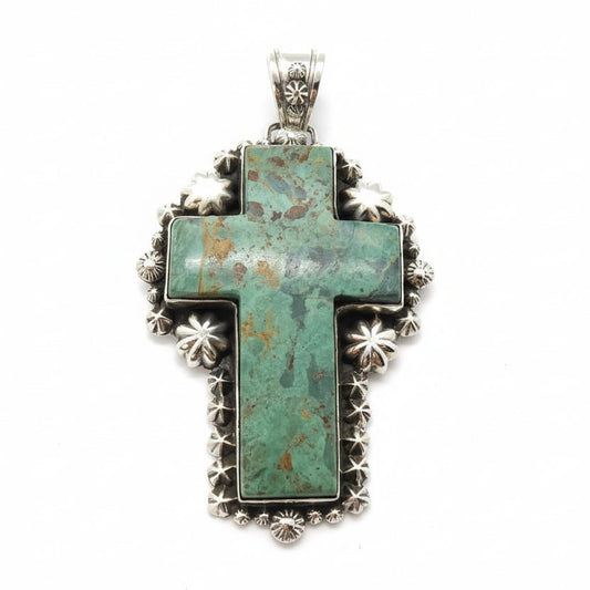 The Passion Flower Cross Pendant in Sage Green Kingman - Turquoise Mustang