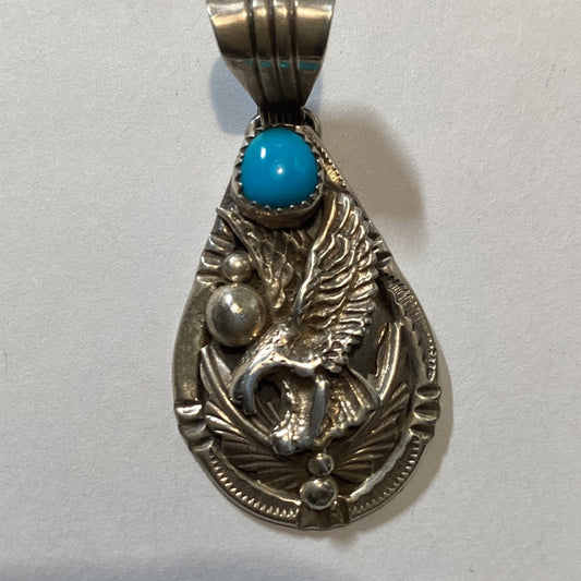 Pendant, Hand wrought Stamp and Silver Overlay circa 1935l, Grant Jenkins - Turquoise Mustang