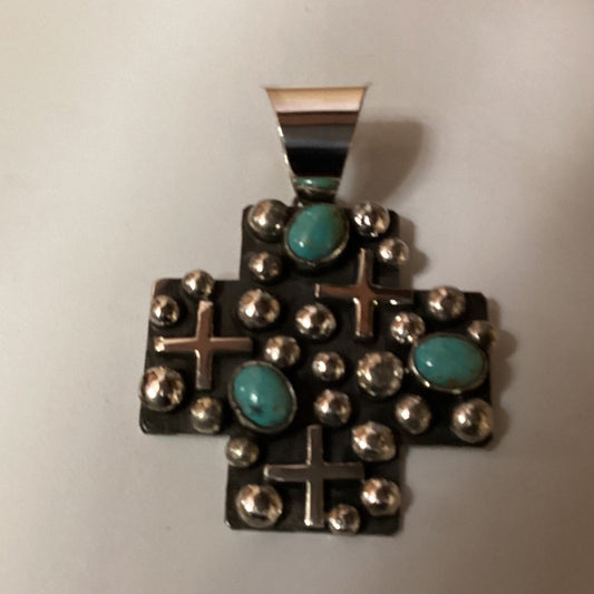 Pendant, Navajo Cross with raindrops, crosses, turquoise, Chimney Butte - Turquoise Mustang