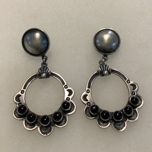 Earrings, Onyx, Half circle drop w/ Convex Conchos, DDD - Turquoise Mustang