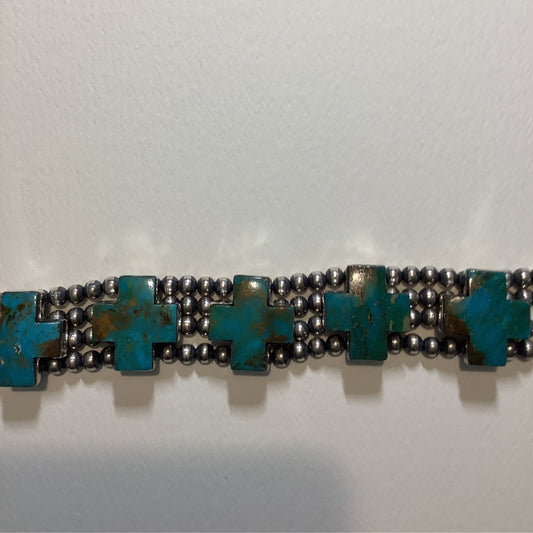 Bracelet, Navajo Pearl, 4 - strand, 5 Mojave Turquoise or Lapis crosses, DD - Turquoise Mustang
