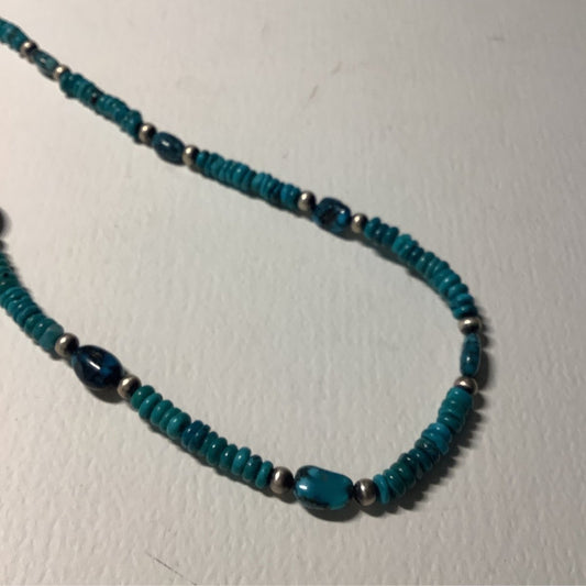 NEcklace, 28" Emerald Valley Heishi with AAA Hubei Spiderweb Potato Beads & Navajo Pearls, Turquoise Mustang - Turquoise Mustang
