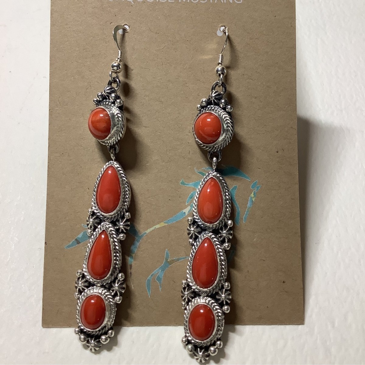 Earring, 4 - stones, Round Coral posts, 3 teardrops,rope bezel Zandy Boyd - Turquoise Mustang