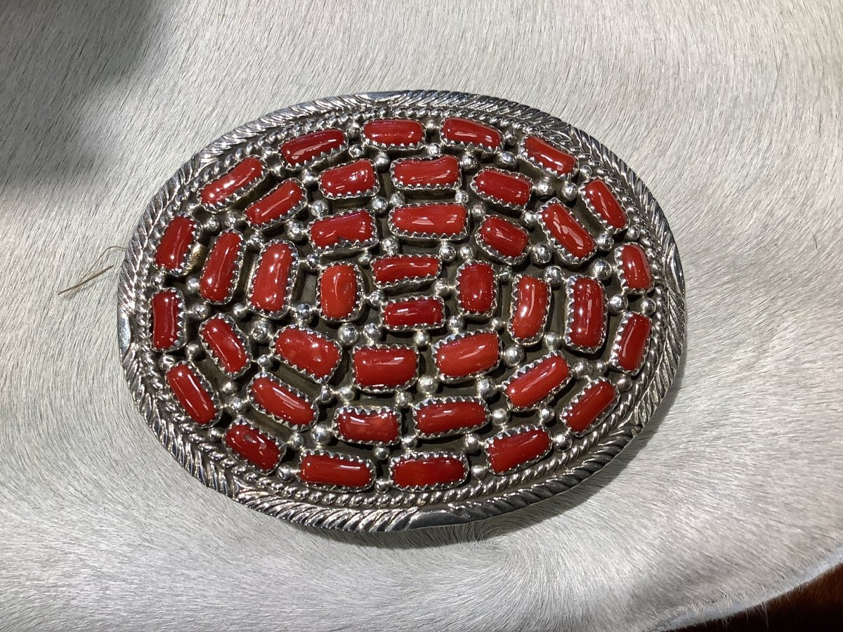 Buckle, Hopi, petite point, 39 coral stones, design, ‚ö√Ñ√∫MH" hallmark (1) - Turquoise Mustang