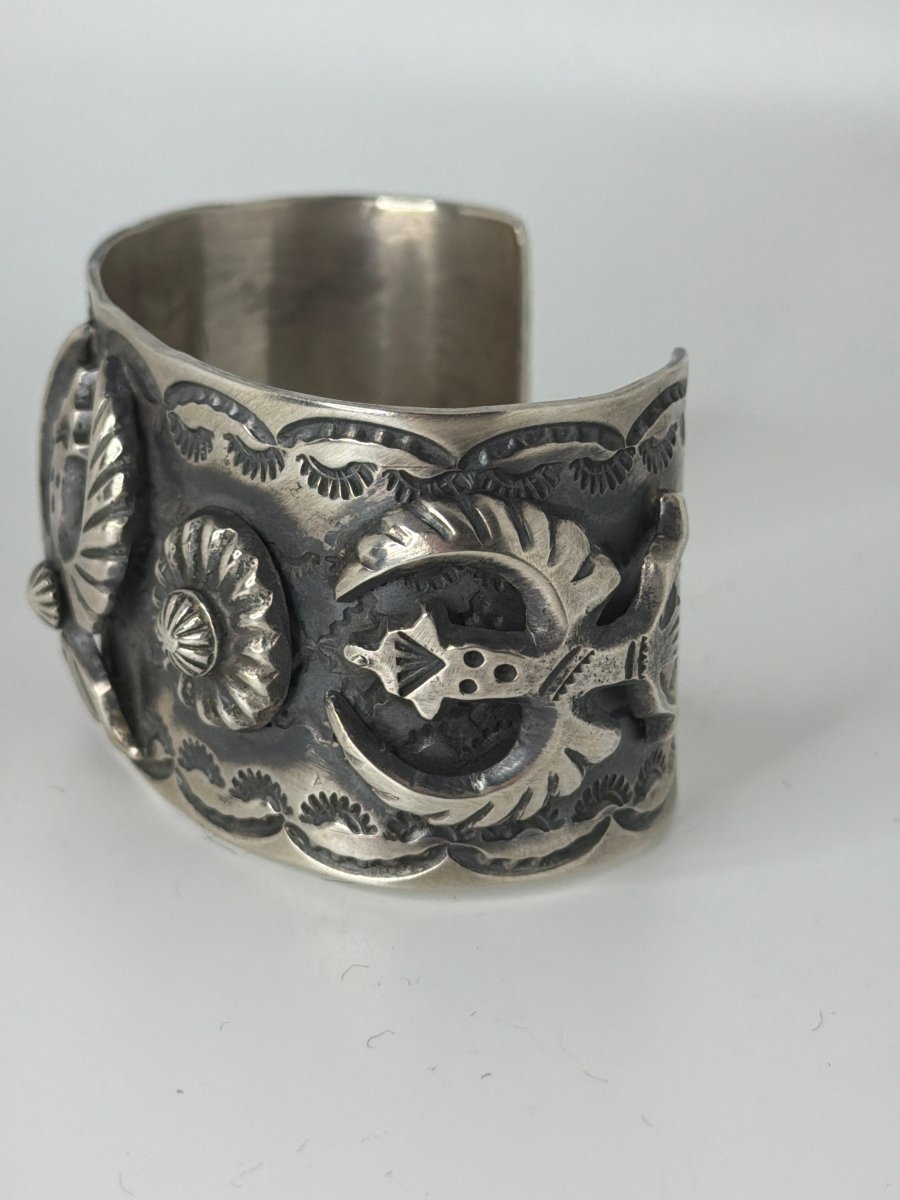 Knifewing Kachina Mega Sterling Silver Dimensional Cuff Bracelet, Chimney Butte, Juan G. - Turquoise Mustang