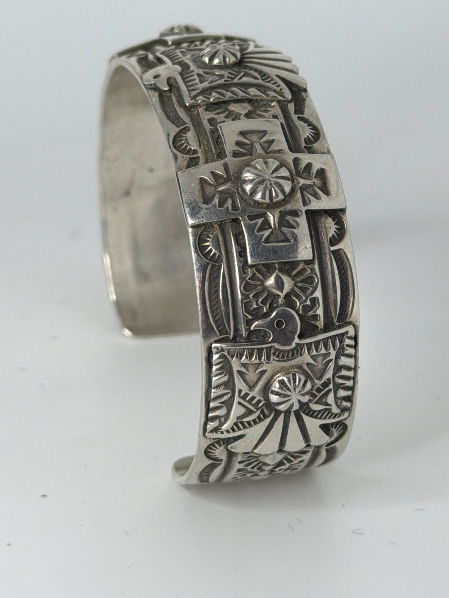 Bracelet, all silver, Thunderbird/Crosses overlay, Darrell Cadman - Turquoise Mustang