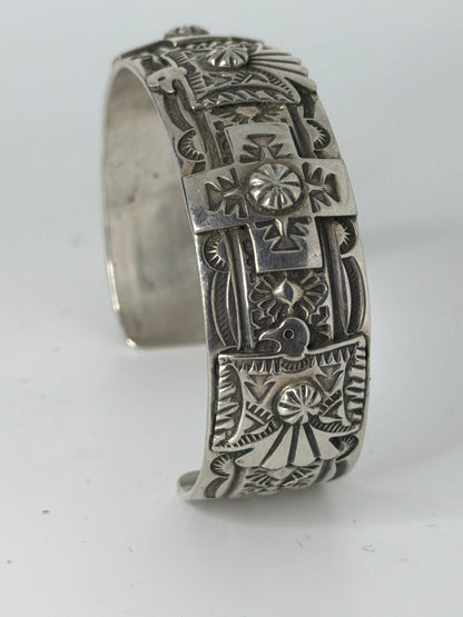 Bracelet, all silver, Thunderbird/Crosses overlay, Darrell Cadman - Turquoise Mustang