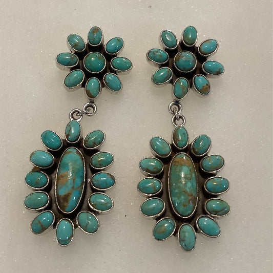 Earrings, Turquoise, Daisy Stud with Oval Drop Cluster, DD - Turquoise Mustang