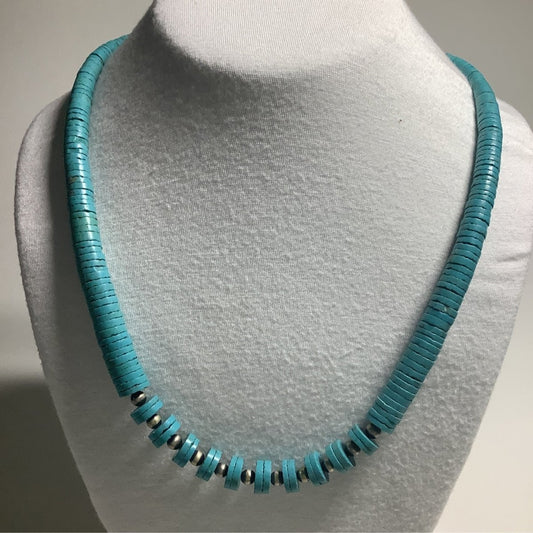 Necklace, 20" Graduated Natural Kingman Heishi, 5mm Navajo Pearl spacers, Turquoise Mustang (1) - Turquoise Mustang