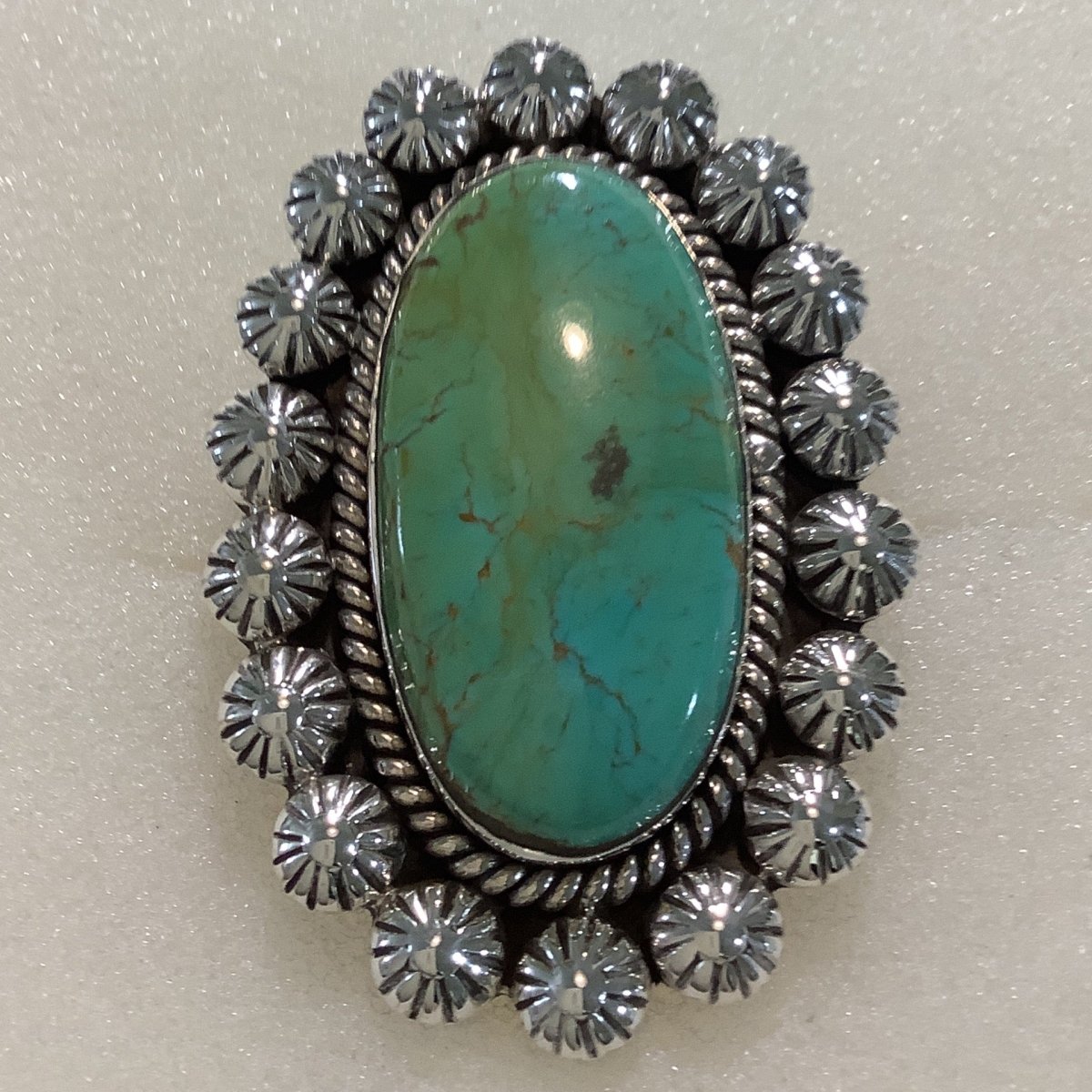 Ring, Turquoise, Oval with Daisy Bezel, DD - Turquoise Mustang