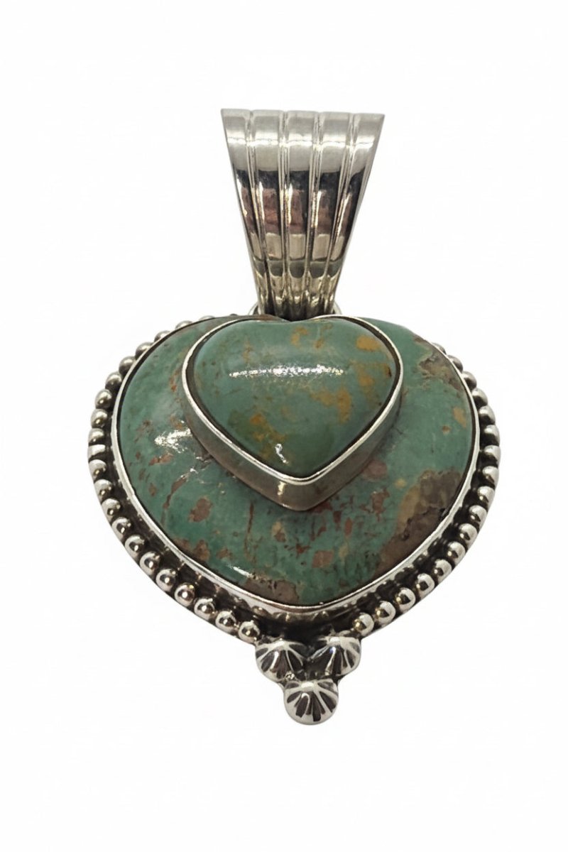 The Forget - Me - Not Heart Pendant in Sage Green Kingman Turquoise - Turquoise Mustang