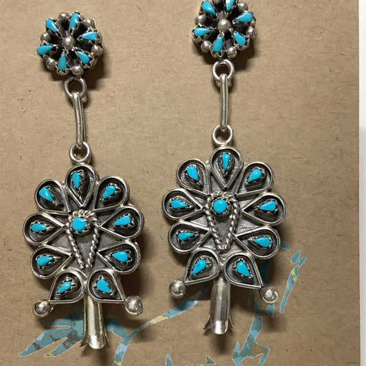 Earring, SB tq. peitie point snowflake posts, pp Squash dangles, TL - Turquoise Mustang