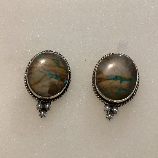 Earrings, Royston Ribbon Turquoise Cab, fat oval, rope bez, stud, DD - Turquoise Mustang