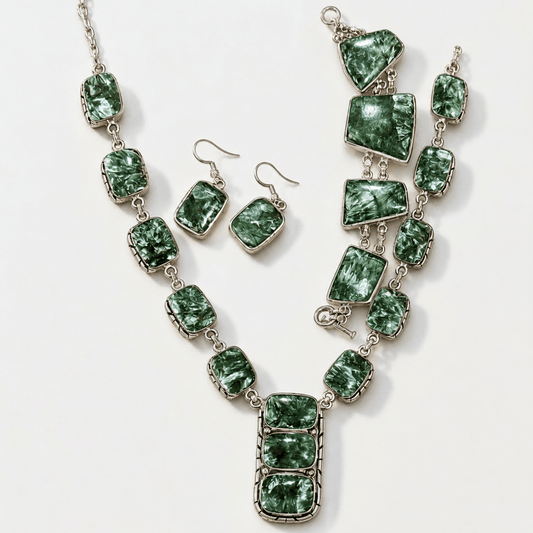 Seraphinite Lariat, Earrings and Bracelet Set - Turquoise Mustang