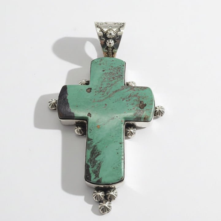 The Sunflower Cross Pendant in Green Kingman Turquoise - Turquoise Mustang