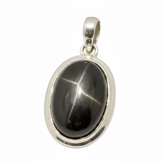 Black Star Sapphire Oval Pendant, 1.75” long, beveled bezel, - Turquoise Mustang