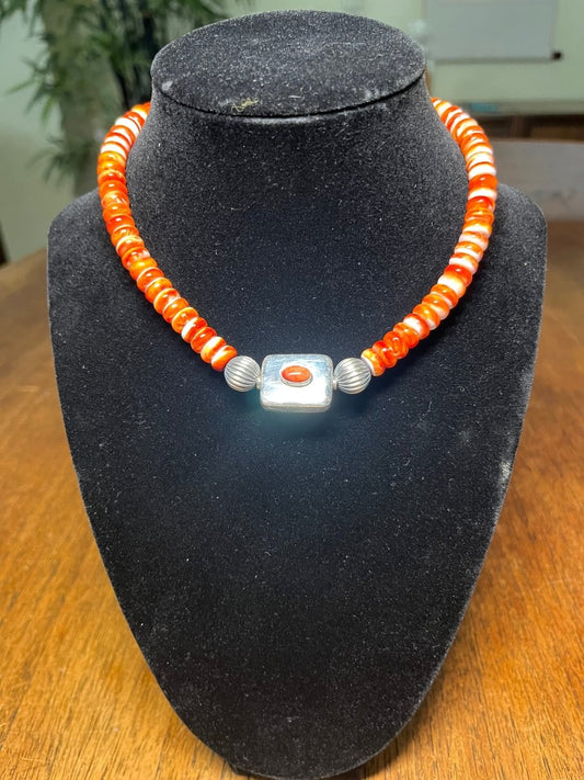 Orange Spiny Oyster Choker with Specialty Double - Sided Sterling Silver Bead - Turquoise Mustang