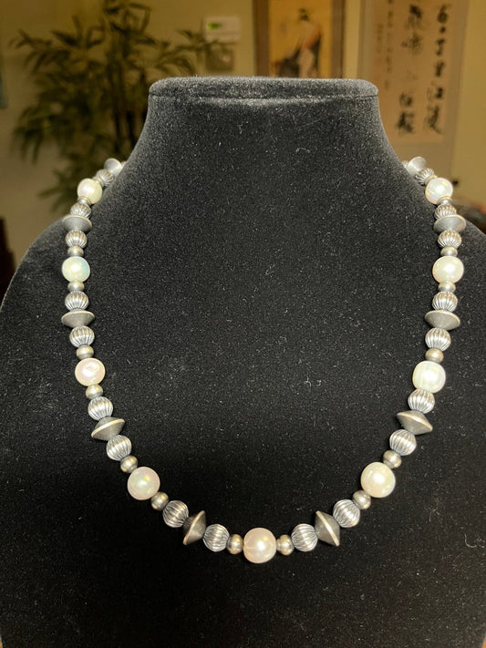 22” Freshwater Pearls and 8mm Corrugated Silver Pearls by TM - Turquoise Mustang